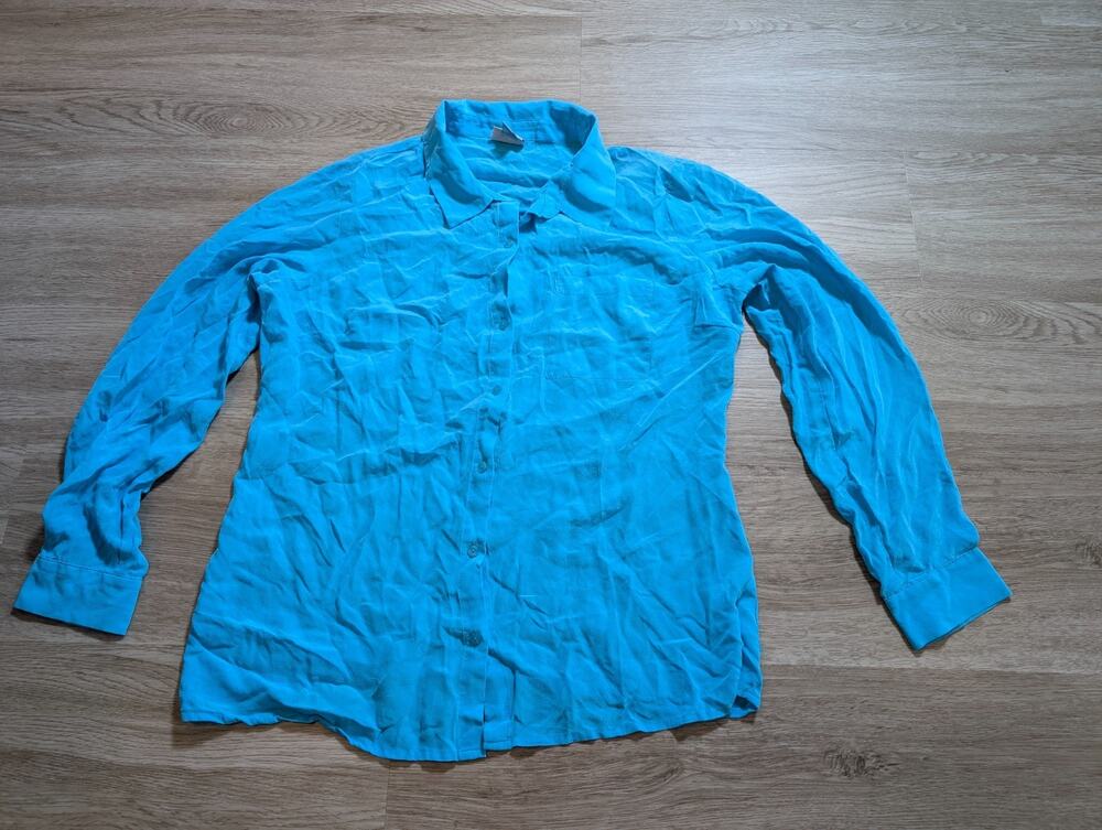 Worthington Women Large 100% Silk Blue Button Up Long Sleeve Blouse Career Top